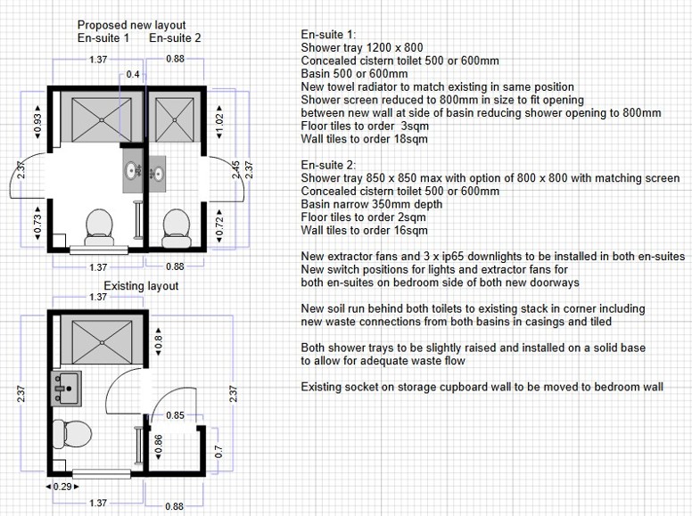 Kings Hill: Design drawings supplied to customer for a double Ensuite conversion (see pics)